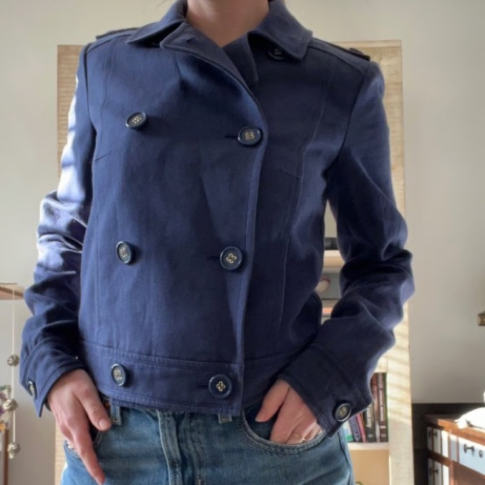 Coach Michelle Pea Jacket Size L Navy Cotton Linen Blend Cropped Trench